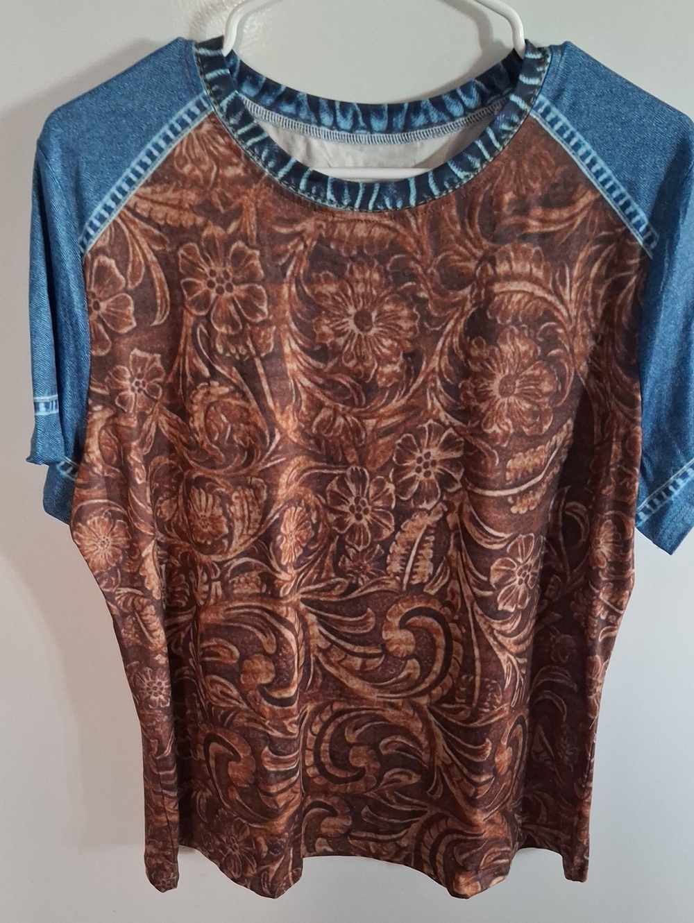Brown Floral-Print Short Sleeve Women's Top